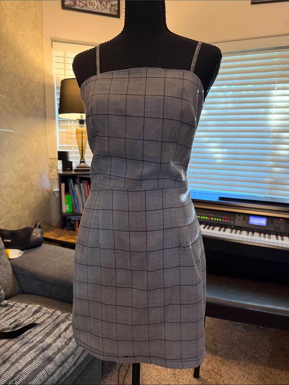 Zaful medium Gray Windowpane Sheath Dress with Spaghetti Straps
